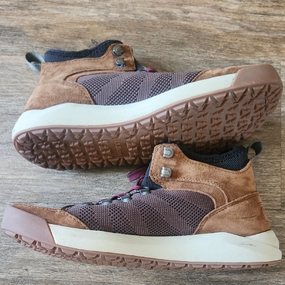 L.L. Bean Brown Suede & Dark Brown Mesh Ankle Booties with Burgundy Laces